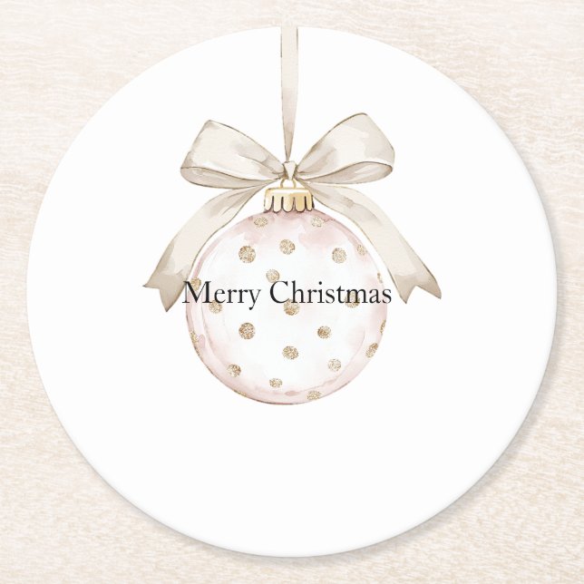 Cream Dots Bow Ornament Christmas Round Paper Coaster (Front)
