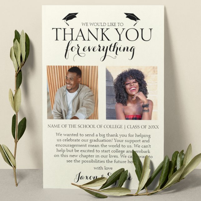 Cream Double Graduation 2 Photo Graduation Party Thank You Card (Creator Uploaded)