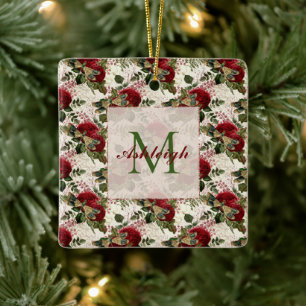 Cream Dragonflies and Roses Monogram Ceramic Ornament