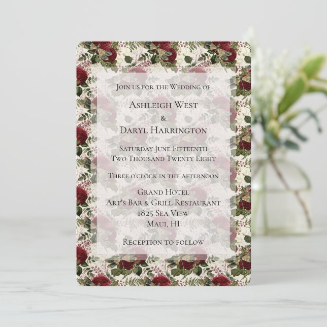 Cream Dragonflies and Roses  Wedding Invitation (Standing Front)