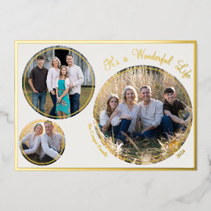 Cream Elegant Minimalist Christmas Three Photo Foil Holiday Card