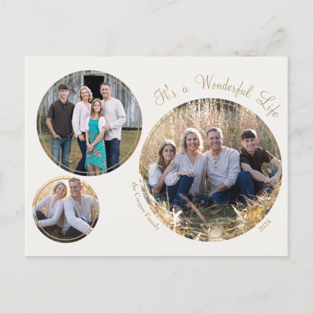 Cream Elegant Minimalist Christmas Three Photo Holiday Postcard (Front)