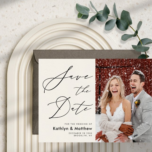 Cream Elegant Script Modern Photo Simple Wedding Save The Date (Creator Uploaded)