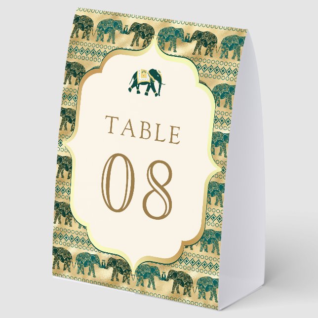 Cream Emerald Elephant Indian Wedding Table Number (Front)