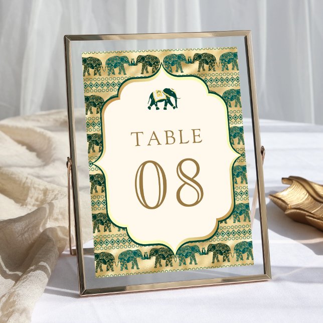 Cream Emerald Green Gold Elephant Indian Wedding Table Number (Creator Uploaded)