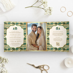 Cream Emerald Green Gold Elephant Indian Wedding Tri-Fold Invitation