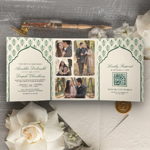 Cream Emerald Green Ikat All in One Indian Wedding Tri-Fold Invitation
