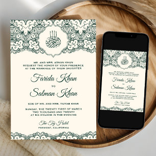 Cream Emerald Green Lace Islamic Muslim Wedding Invitation