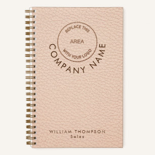 Cream Faux Leather Company Staff Name Logo QR Code Notebook