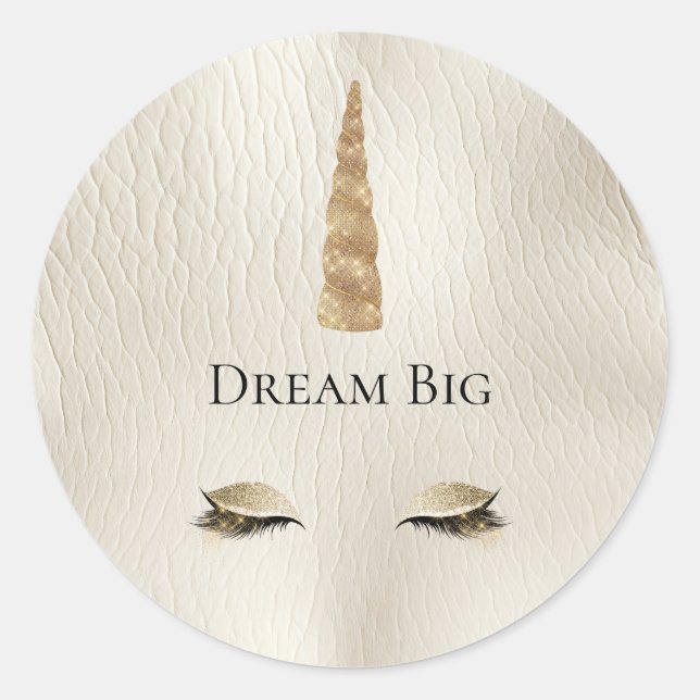 Cream Faux Leather Gold Sparkle Glam Unicorn  Classic Round Sticker (Front)