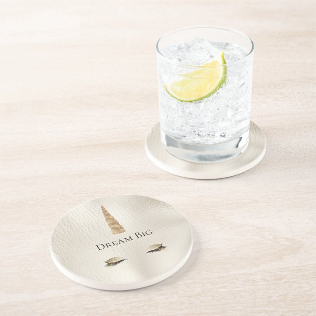 Cream Faux Leather Gold Sparkle Glam Unicorn  Coaster (Side)