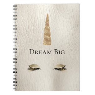 Cream Faux Leather Gold Sparkle Glam Unicorn  Notebook