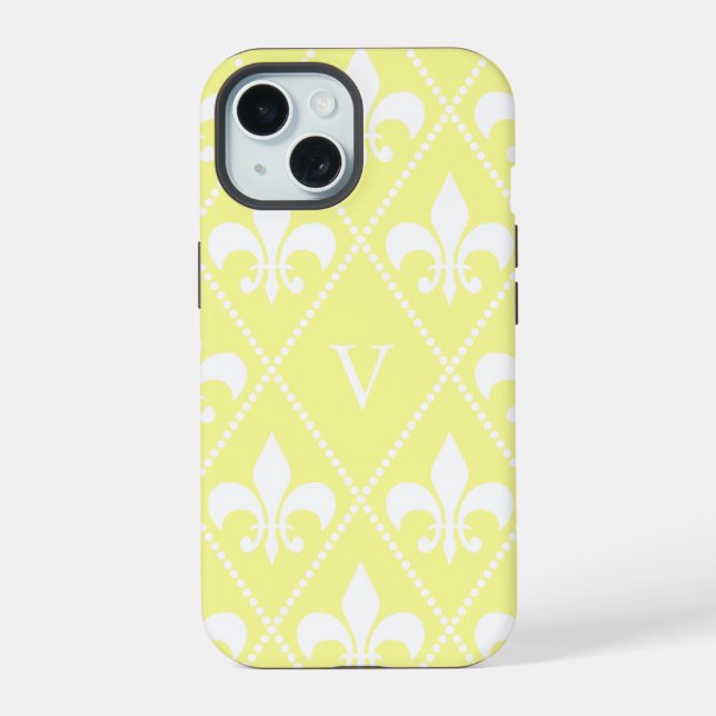 Cream Fleur de Lis w/ monogram iPhone 15 Case (Back)