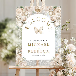 Cream Floral Arch Butterfly Wedding Welcome Acrylic Sign