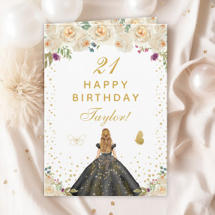 Cream Floral Blonde Hair Girl Happy Birthday Card