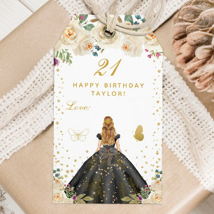 Cream Floral Blonde Hair Girl Happy Birthday Gift Tags