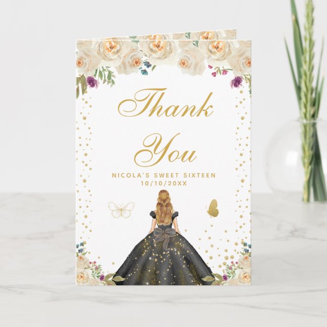 Cream Floral Blonde Hair Girl Sweet Sixteen Thank You Card (Front)