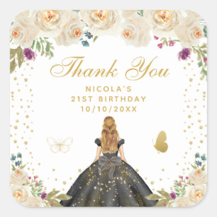Cream Floral Blonde Hair Princess Birthday Party Square Sticker
