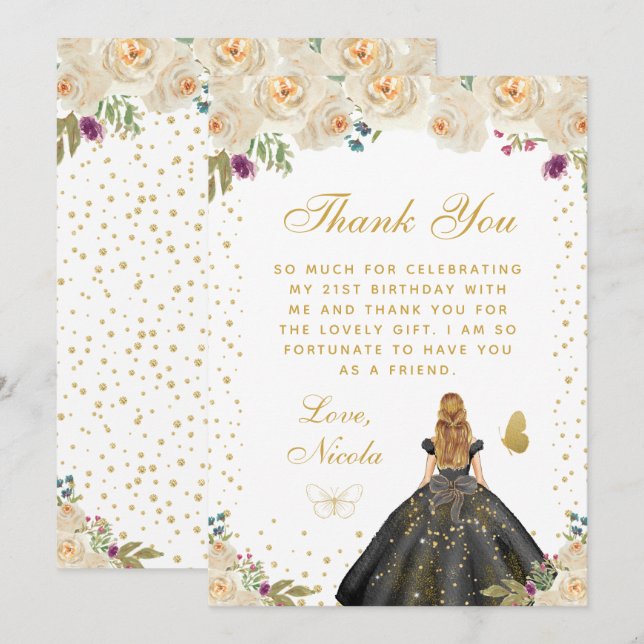Cream Floral Blonde Hair Princess Birthday Party Thank You Card (Front/Back)