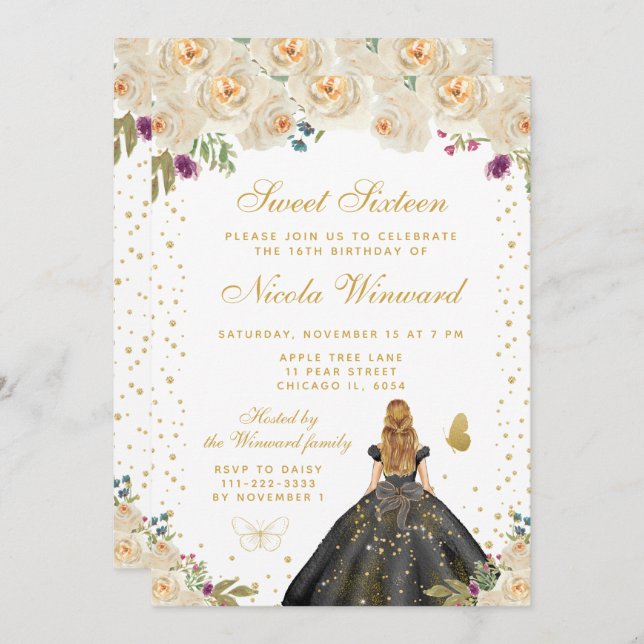 Cream Floral Blonde Hair Princess Sweet Sixteen Invitation (Front/Back)