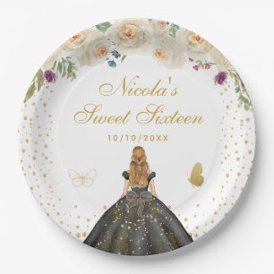 Cream Floral Blonde Hair Princess Sweet Sixteen Paper Plate