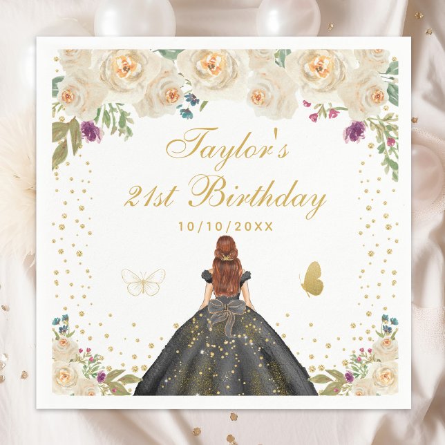 Cream Floral Brown Hair Girl Birthday Party Napkin (Creator Uploaded)