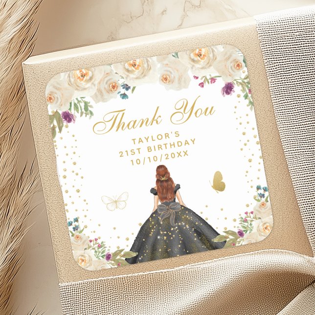 Cream Floral Brown Hair Princess Birthday Party Square Sticker (Creator Uploaded)
