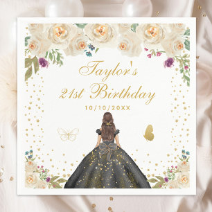 Cream Floral Brunette Hair Girl Birthday Party Napkin