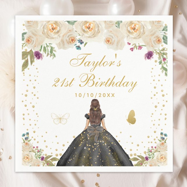 Cream Floral Brunette Hair Girl Birthday Party Napkin (Creator Uploaded)