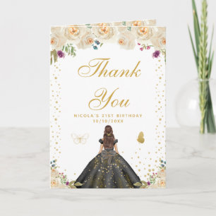 Cream Floral Brunette Hair Girl Birthday Thank You Card