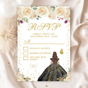 Cream Floral Brunette Hair Princess Sweet Sixteen RSVP Card
