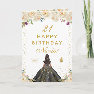 Cream Floral Dark Skin Girl Birthday Card