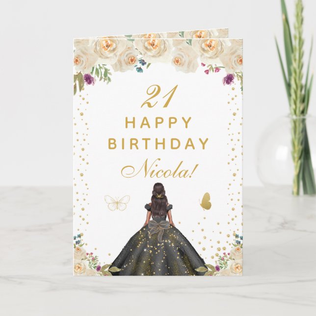 Cream Floral Dark Skin Girl Birthday Card (Front)