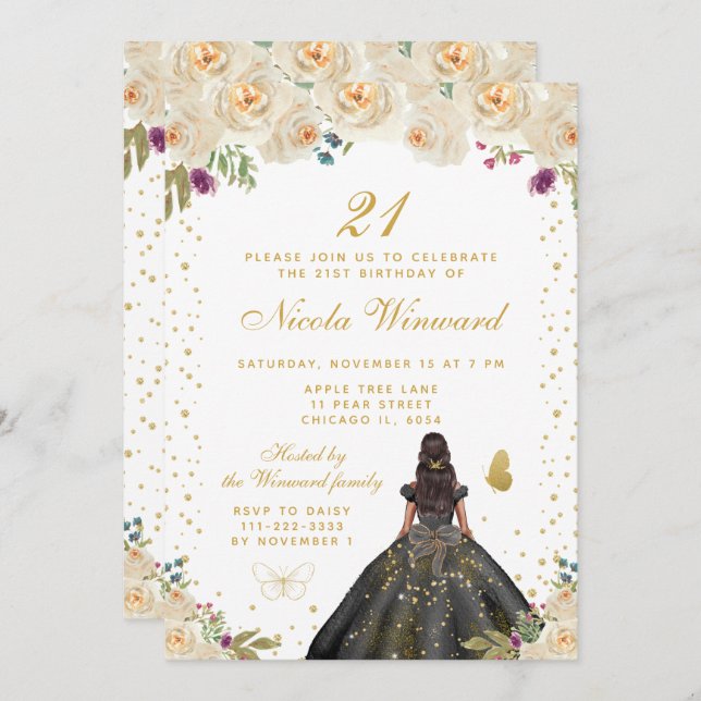 Cream Floral Dark Skin Princess Birthday Party Invitation (Front/Back)