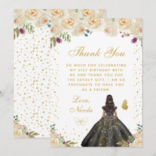 Cream Floral Dark Skin Princess Birthday Party Thank You Card
