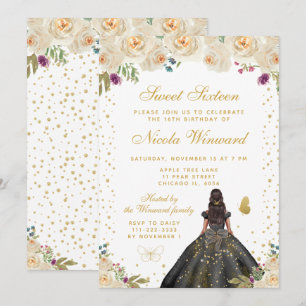 Cream Floral Dark Skin Princess Sweet Sixteen Invitation