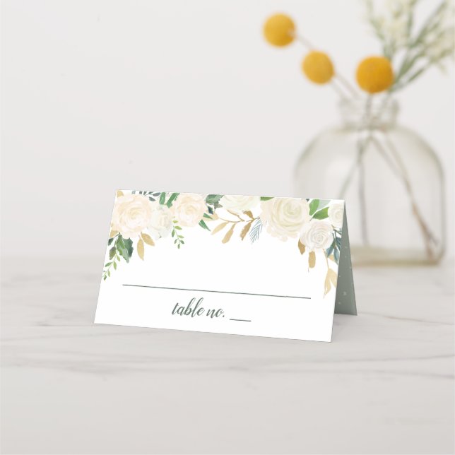 Cream Floral Gold Greenery Wedding Place Card (Front)