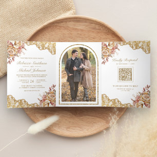 Cream Floral Gold Lace QR Code Photo Wedding Tri-Fold Invitation