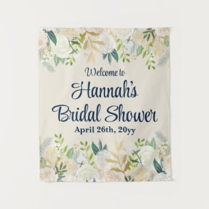 Cream Floral Greenery Rose Welcome Bridal Shower Tapestry