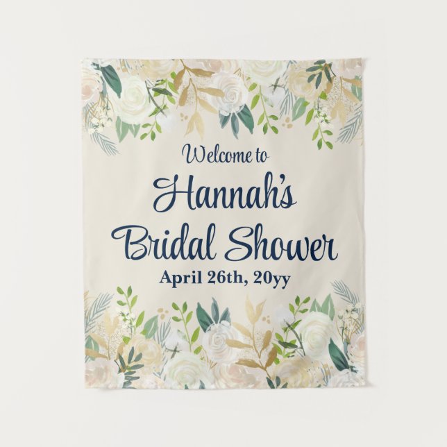 Cream Floral Greenery Rose Welcome Bridal Shower Tapestry (Front)