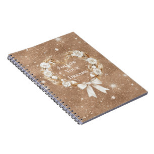 Cream Floral Heart Wreath Brown Glitter Notebook
