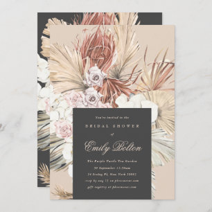 Cream Floral Pampas Charcoal Boho Bridal Shower Invitation