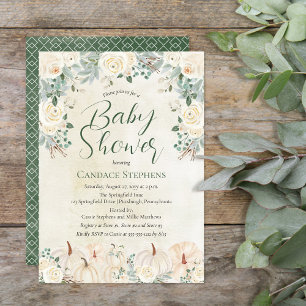 Cream Floral   Pumpkins - Forest Green Baby Shower Invitation