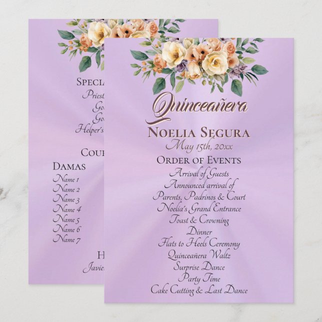 Cream Floral Quinceanera Program - Lavender Programme (Front/Back)