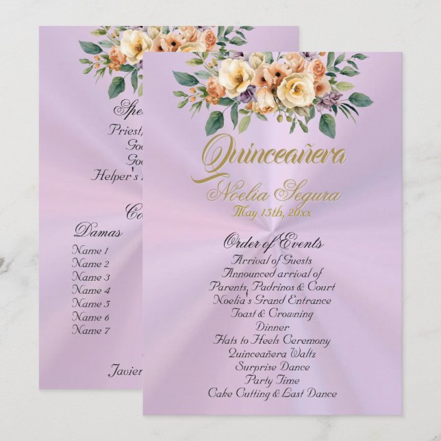 Cream Floral Quinceanera Program - Lavender Programme (Front/Back)