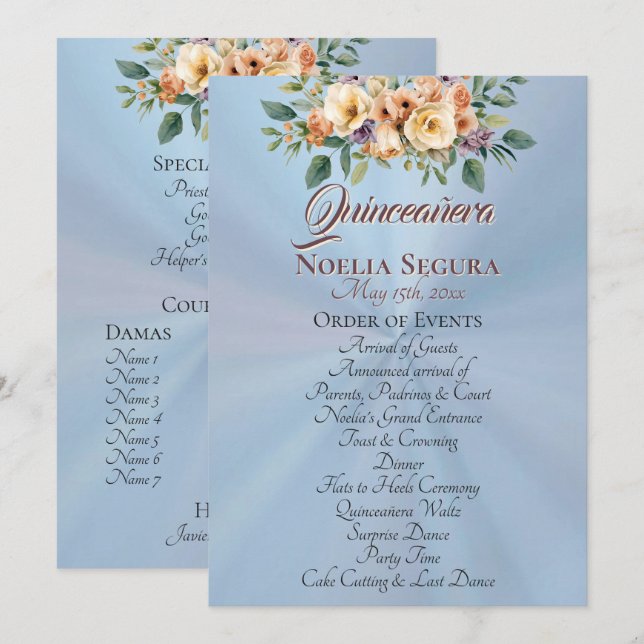 Cream Floral Quinceanera Program - Pastel Blue Programme (Front/Back)