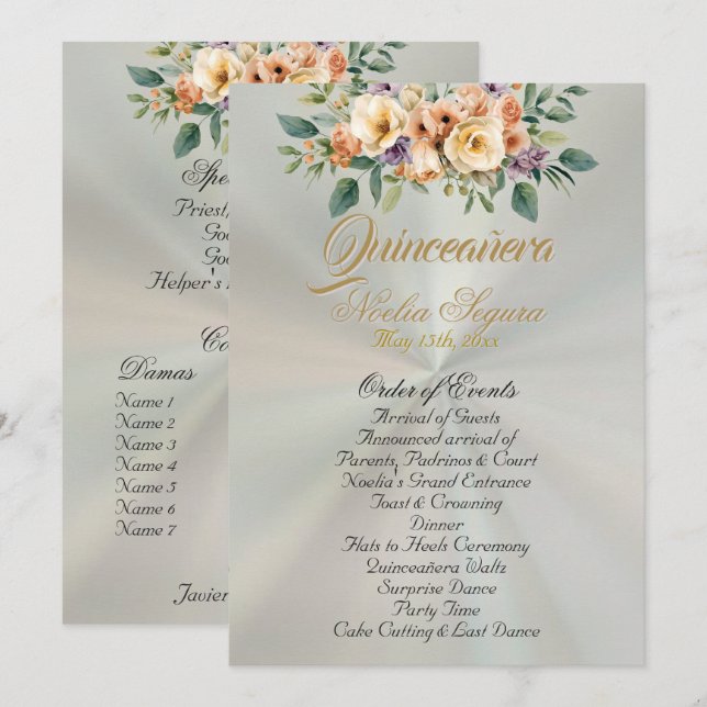 Cream Floral Quinceanera Program - Pastel Green Programme (Front/Back)