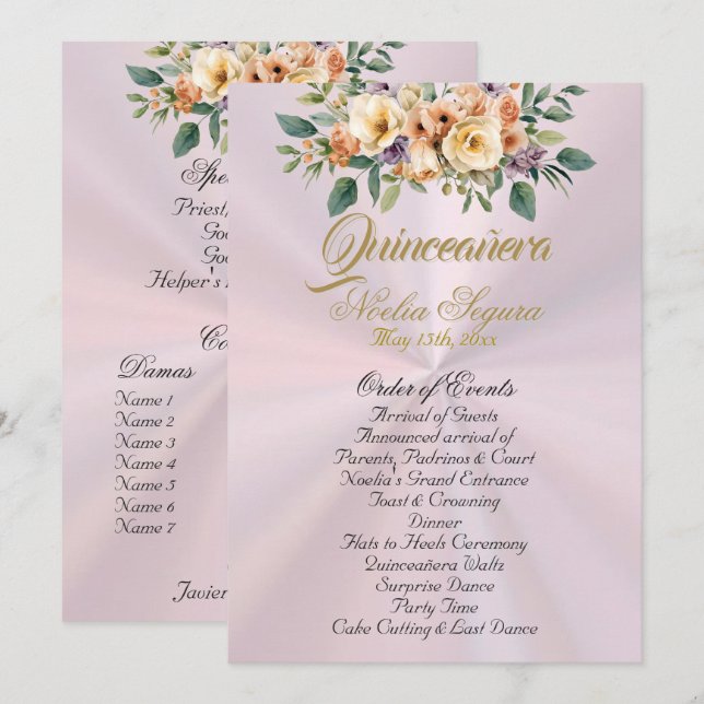 Cream Floral Quinceanera Program - Pastel Pink Programme (Front/Back)