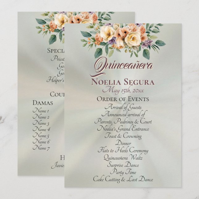 Cream Floral Quinceanera Program - Pastel Sage Programme (Front/Back)