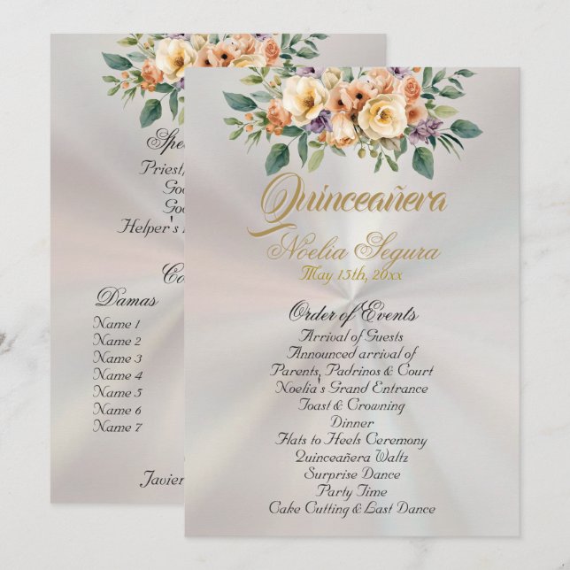 Cream Floral Quinceanera Program - Pearl White Programme (Front/Back)